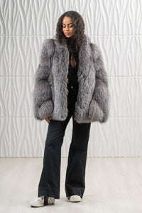 Chic Blue Frost Fox fur coat by manzari for a standout look