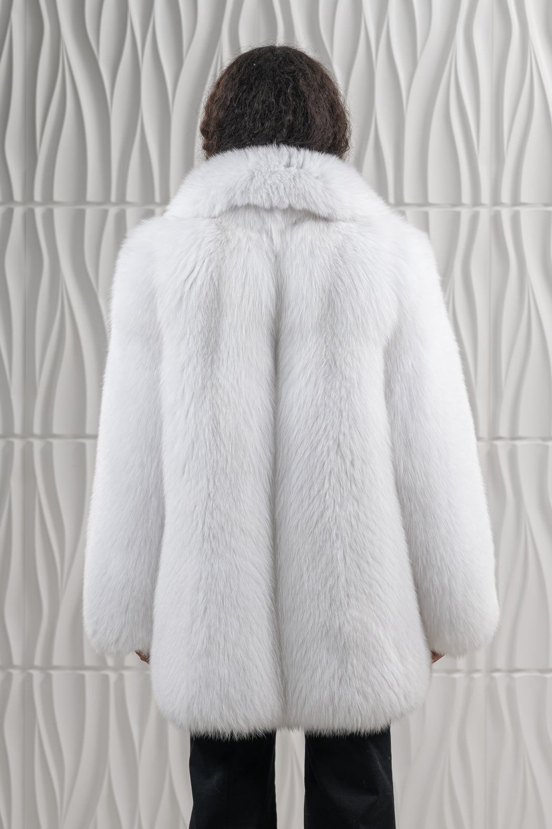 Model wearing a Shadow Blue Frost Fox fur coat by manzari