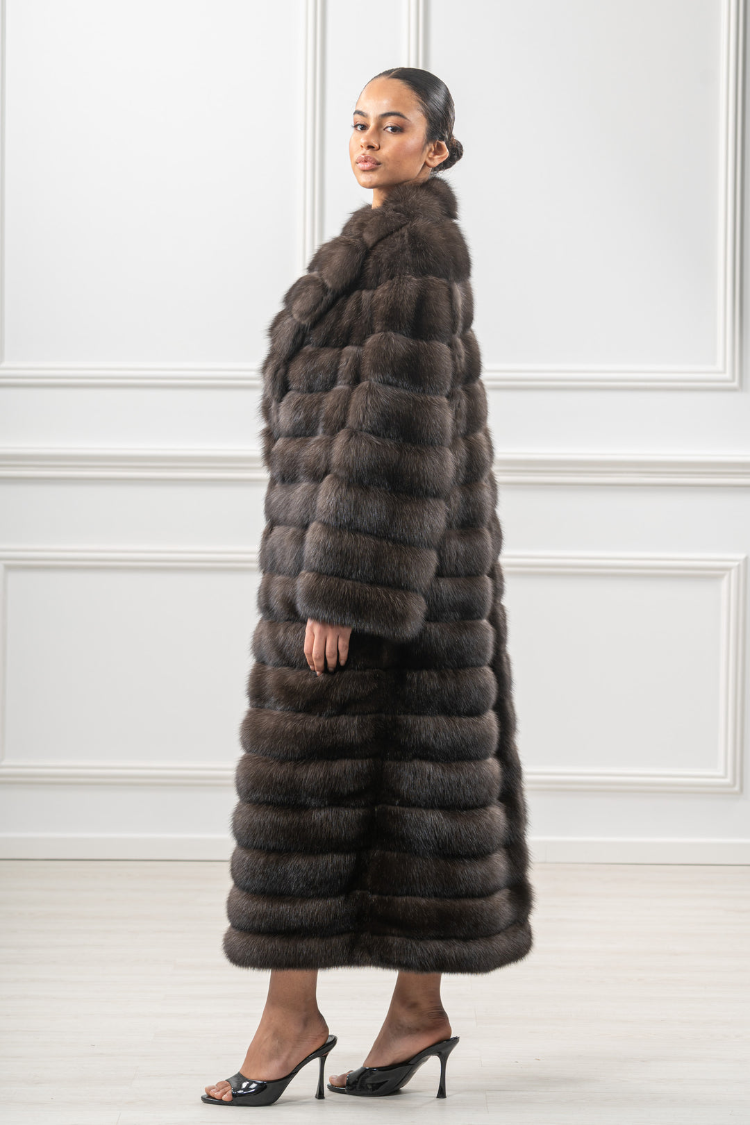 Luxurious Carbonio Russian sable fur coat on display