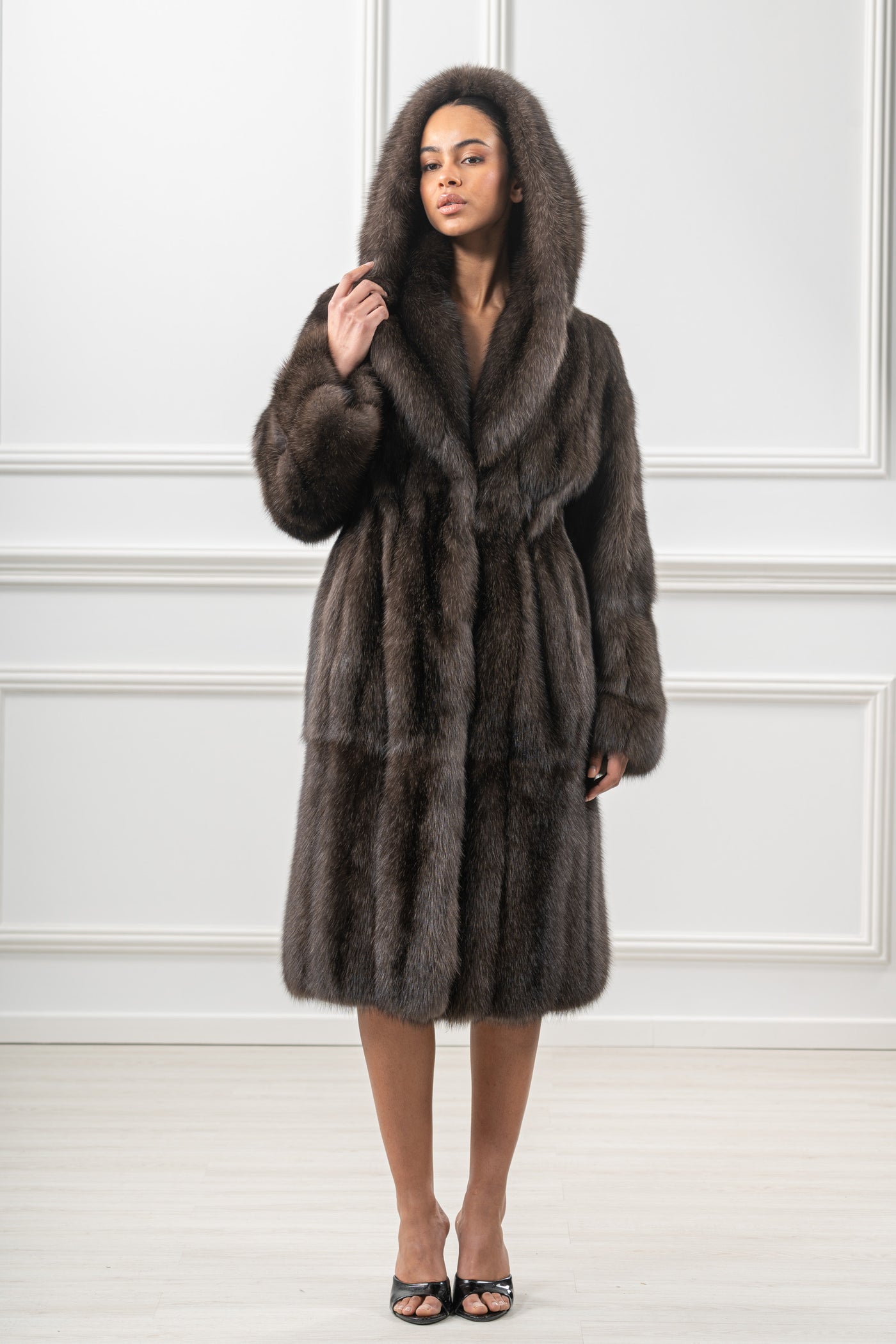 Model wearing a manzari russian sable fur coat by manzari
