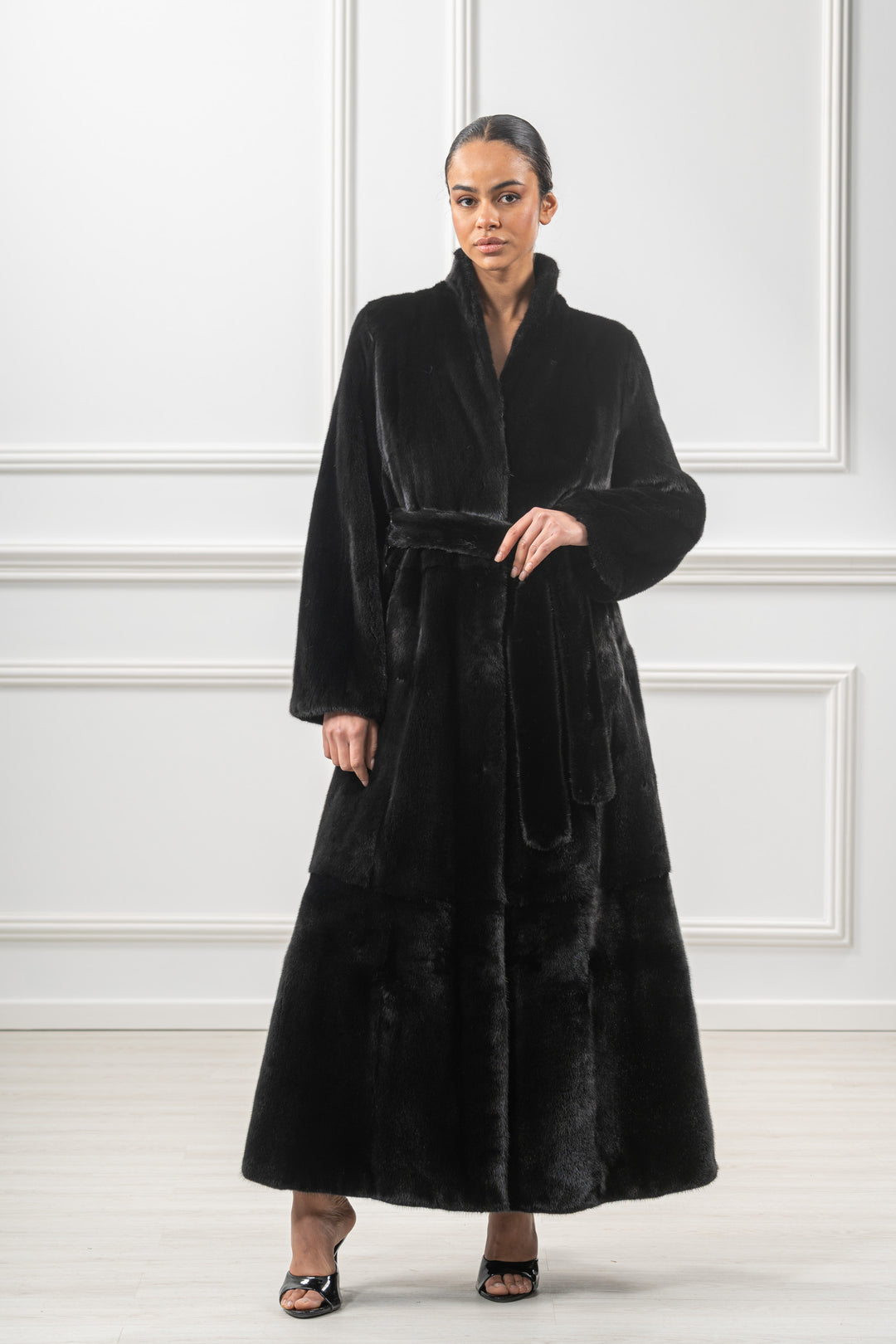 Chic Black Velvet Mink fur coat by manzari for a bold statement