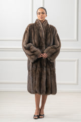 Full-length Russian sable jacket in brown with a high stand collar, wide sleeves, and a vertical pelt construction.