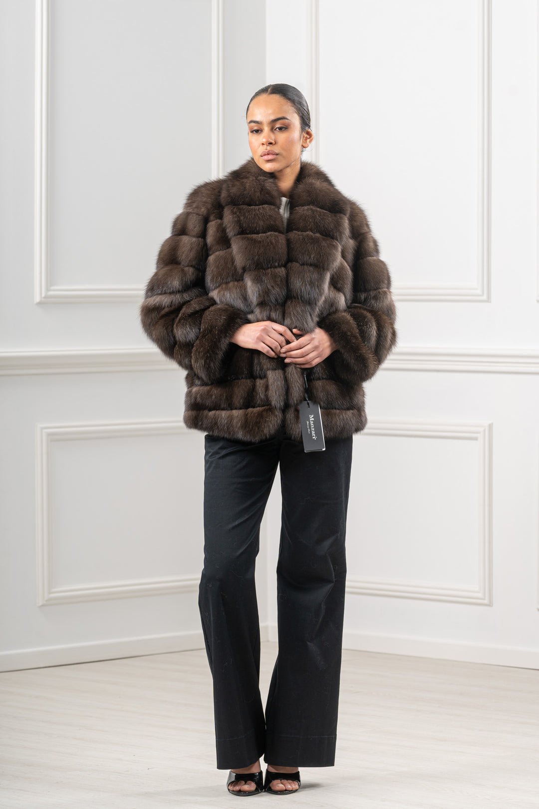 Model wearing a Carbonio Russian sable fur coat by manzari