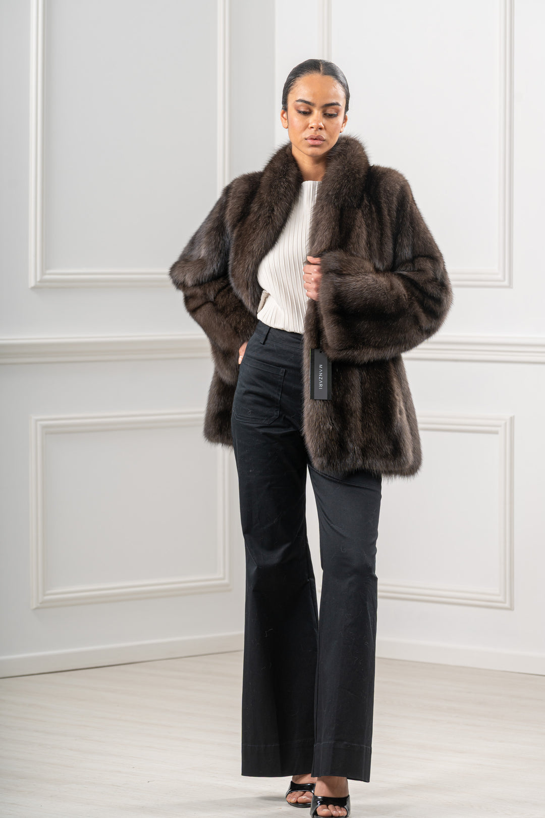 Model wearing a Carbonio Russian sable fur coat by manzari