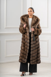 Model wearing a manzari russian sable fur coat by manzari