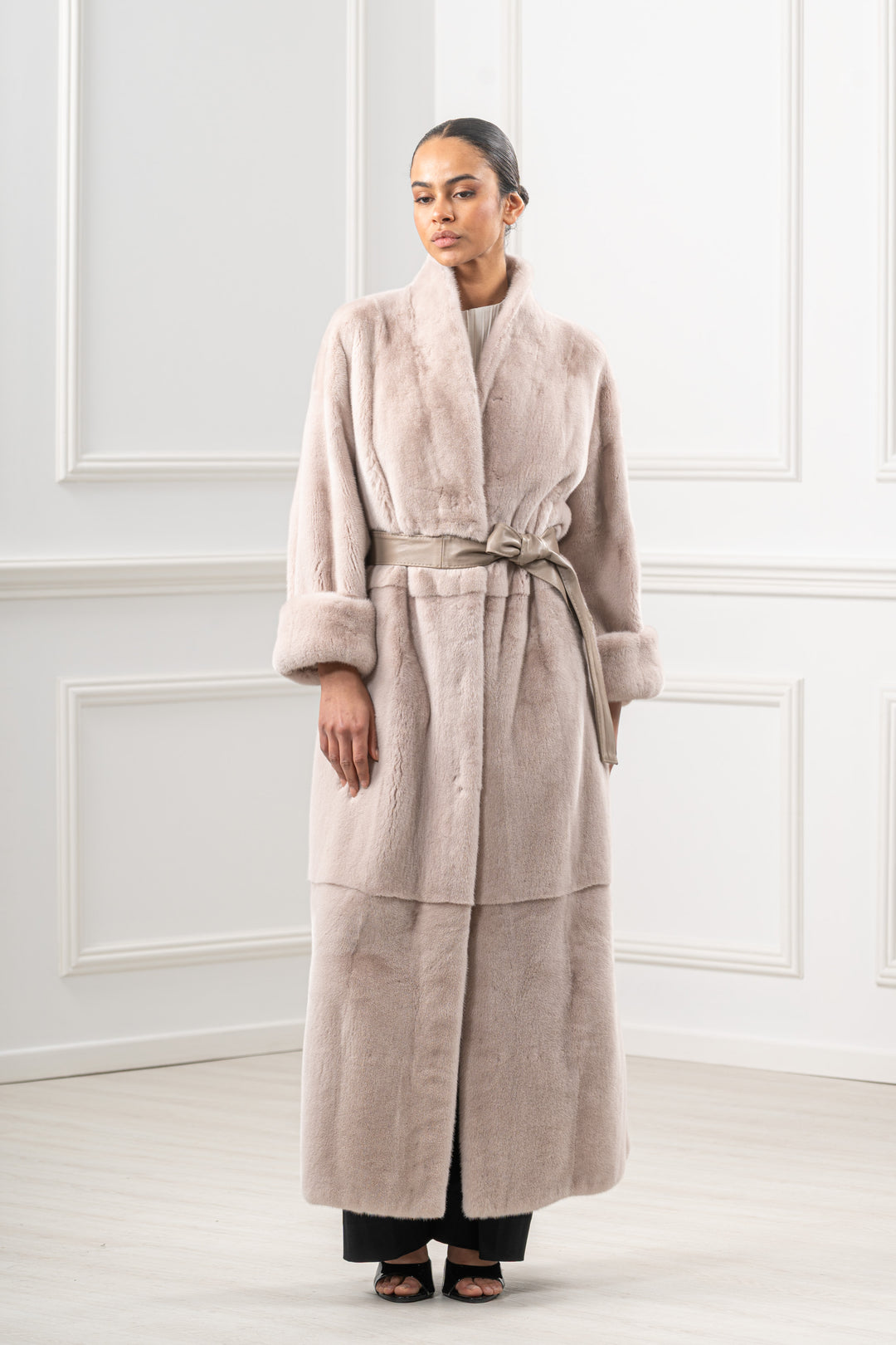 Manzari Powder Mink fur coat with a modern touch