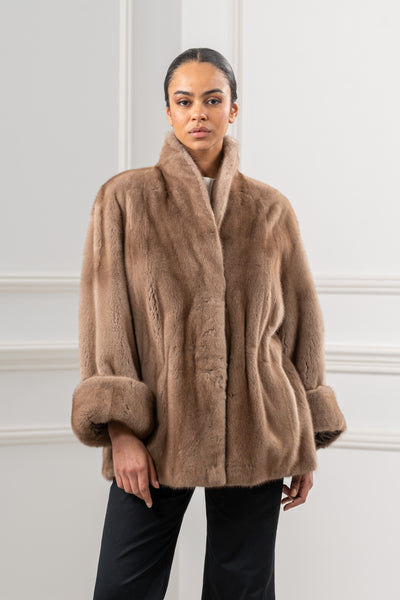 Model wearing a manzari mink fur coat