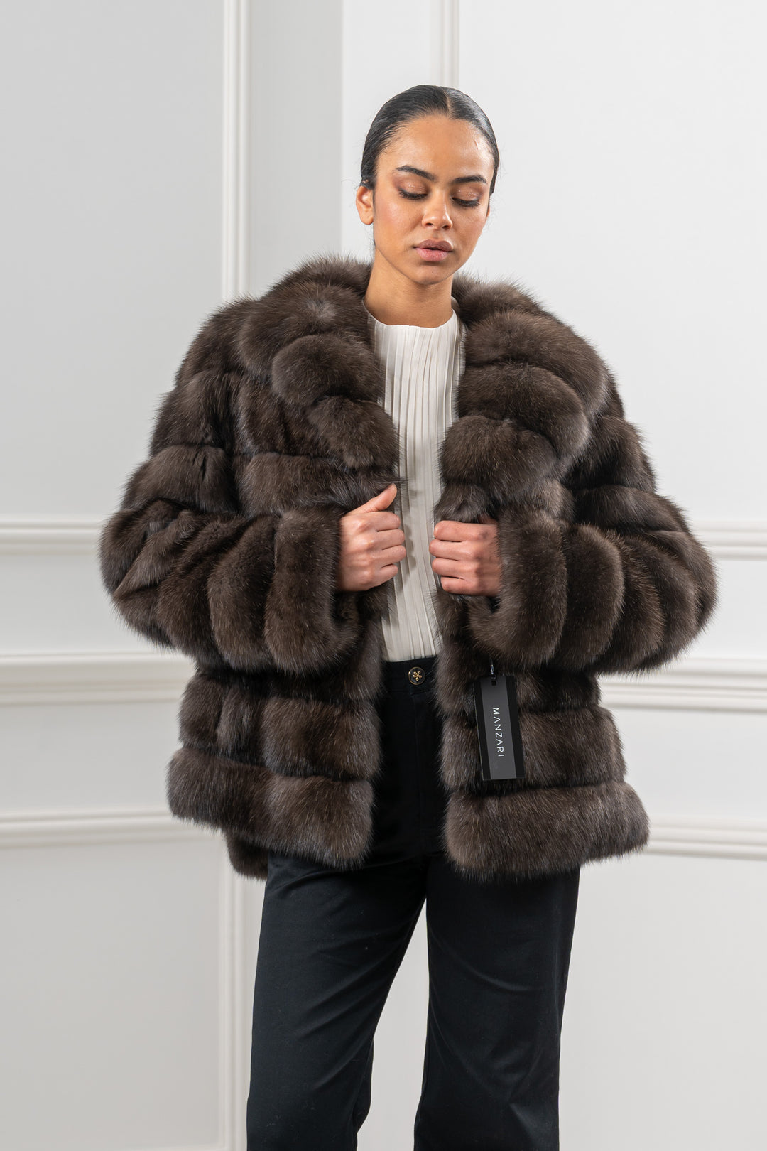 Model wearing a Carbonio Russian sable fur coat by manzari