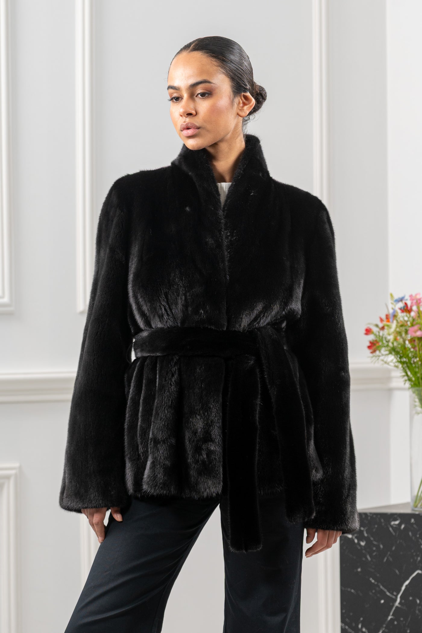 Model wearing a manzari mink fur coat