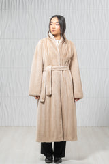 Palomino mink fur coat featuring a soft, velvet-like texture, a high stand collar, straight sleeves, and a matching removable waist belt.