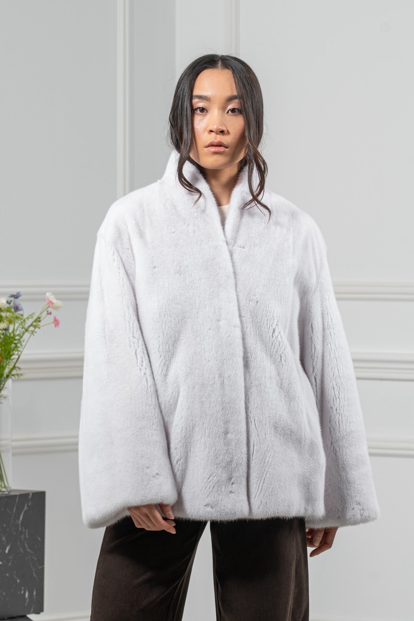 White Mink Fur Short Jacket - Women's Velvet Short Jacket L/O 24M4133