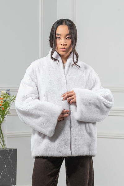 White Mink Fur Short Jacket - Women's Velvet Short Jacket L/O 24M4133