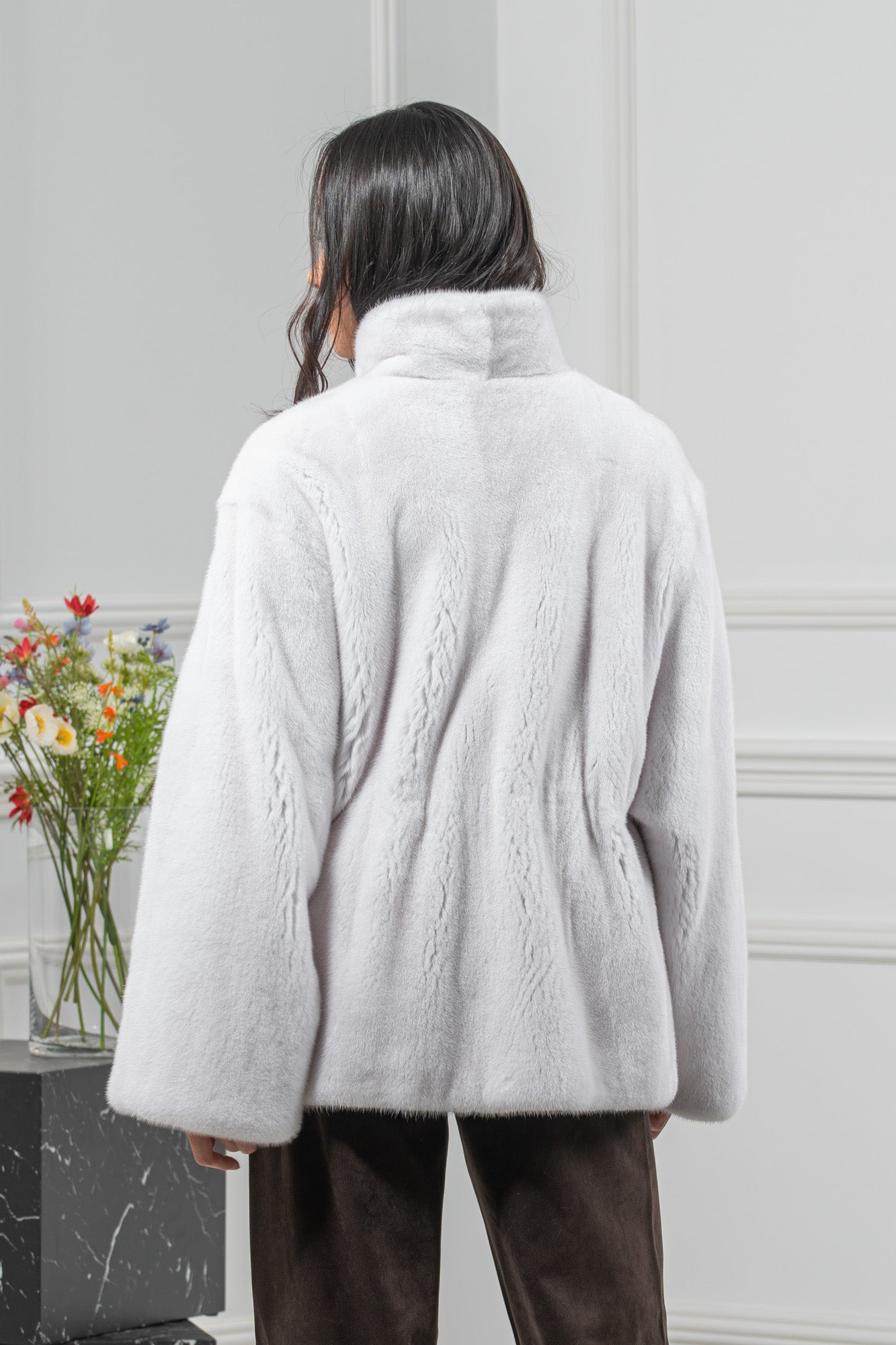 White Mink Fur Short Jacket - Women's Velvet Short Jacket L/O 24M4133