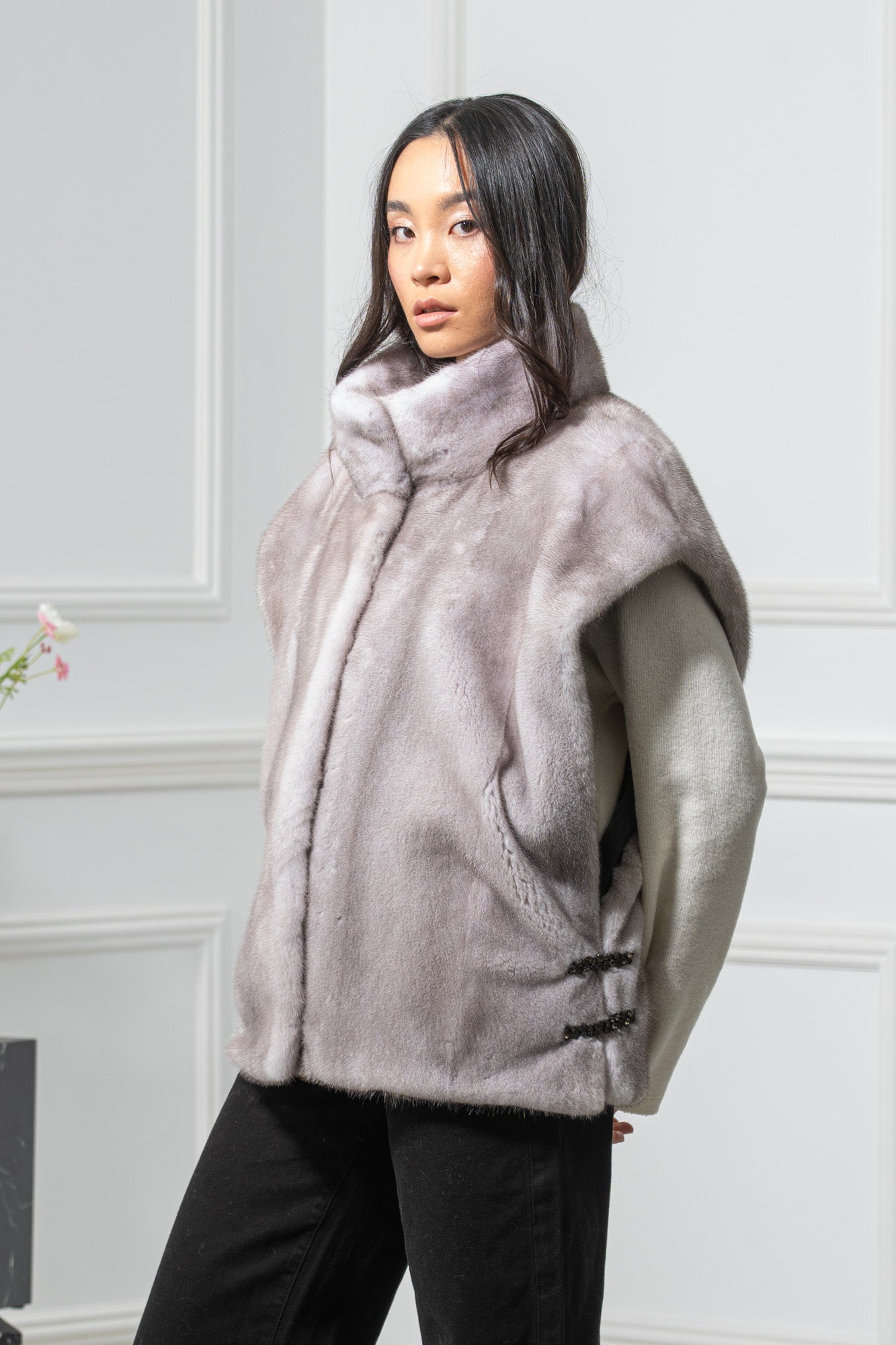 Silver Blue Mink Fur Vest - Women's Velvet Vest L/O 25M7110-2