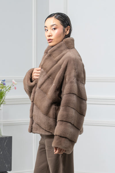 Taupe Mink Fur Short Jacket - Women's Velvet Short Jacket A/K 25M5486