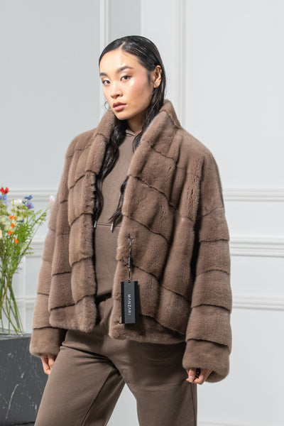 Taupe Mink Fur Short Jacket - Women's Velvet Short Jacket A/K 25M5486