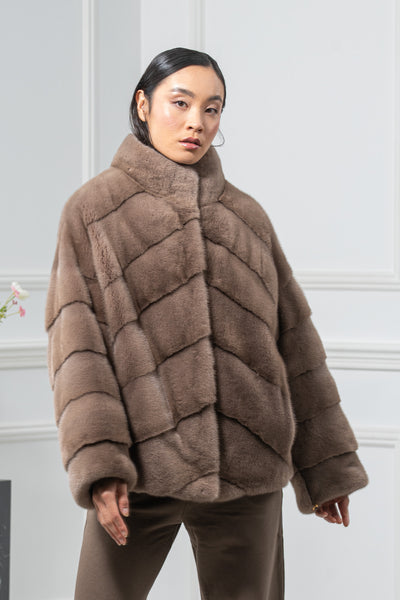 Taupe Mink Fur Short Jacket - Women's Velvet Short Jacket A/K 25M5496