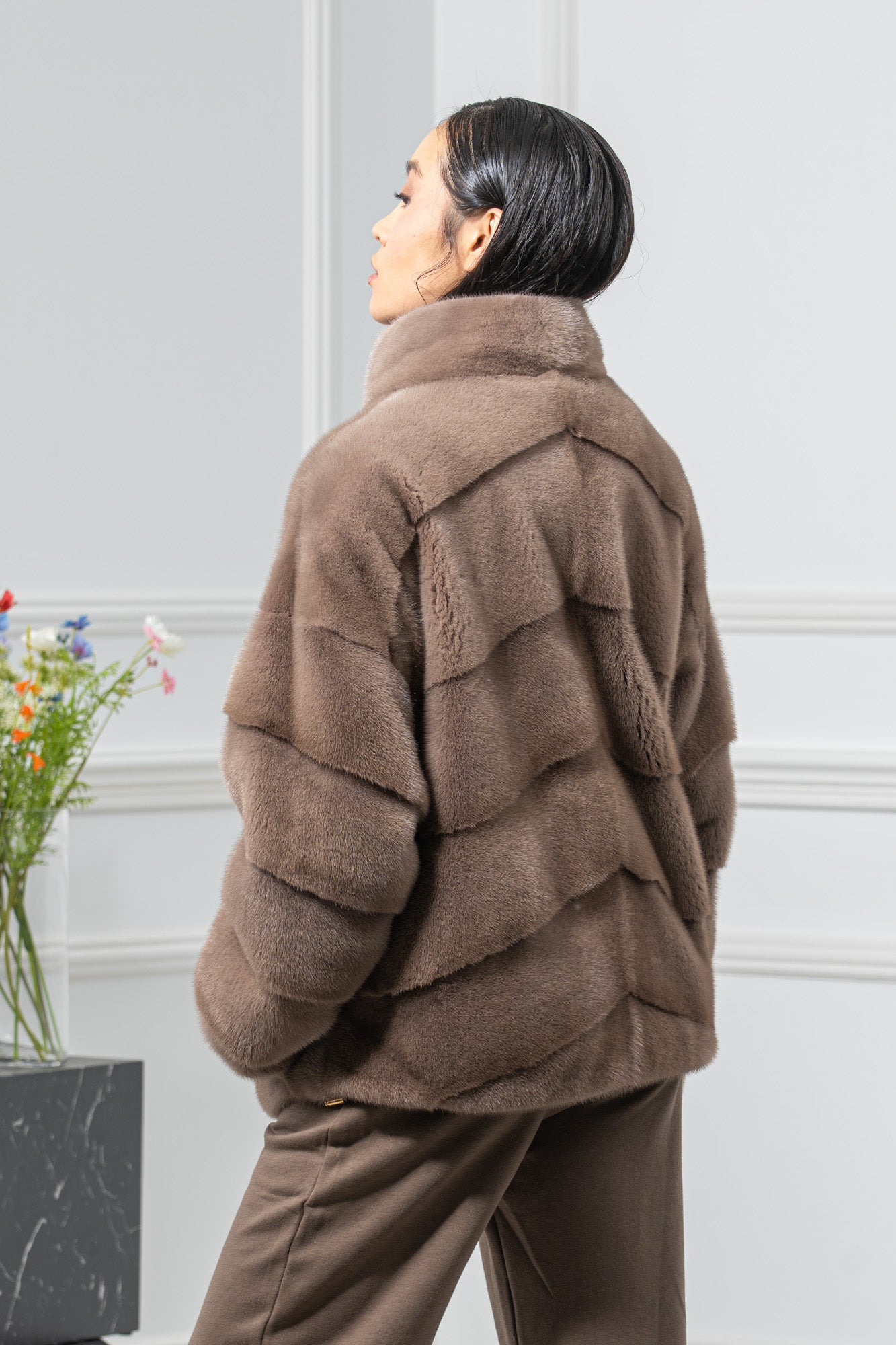 Taupe Mink Fur Short Jacket - Women's Velvet Short Jacket A/K 25M5496