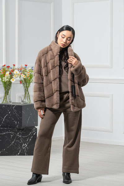 Taupe Mink Fur Short Jacket - Women's Velvet Short Jacket A/K 25M5496