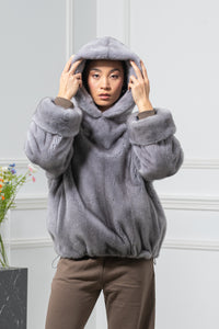 Sapphire Mink Fur Short Jacket With Hood - Women&