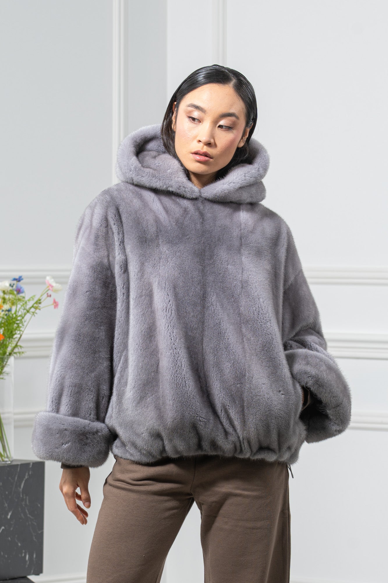 Sapphire Mink Fur Short Jacket With Hood - Women's Velvet Short Jacket L/O Exl-712