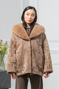 Swakara Skin Caffe Latte Long Hair Short Jacket Hood A/K 20M663