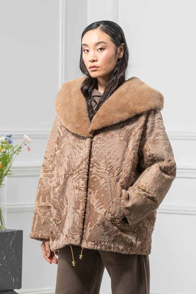 Swakara Skin Caffe Latte Long Hair Short Jacket Hood A/K 20M663