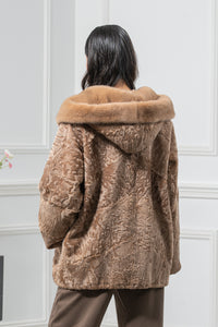 Swakara Skin Caffe Latte Long Hair Short Jacket Hood A/K 20M663