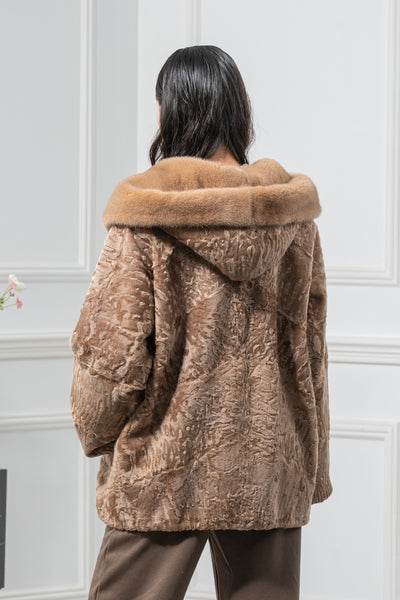 Swakara Skin Caffe Latte Long Hair Short Jacket Hood A/K 20M663