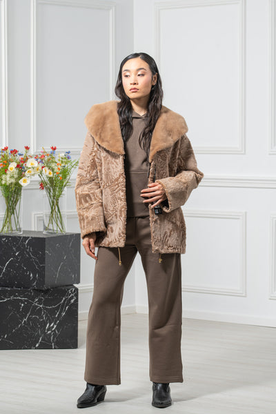 Swakara Skin Caffe Latte Long Hair Short Jacket Hood A/K 20M663