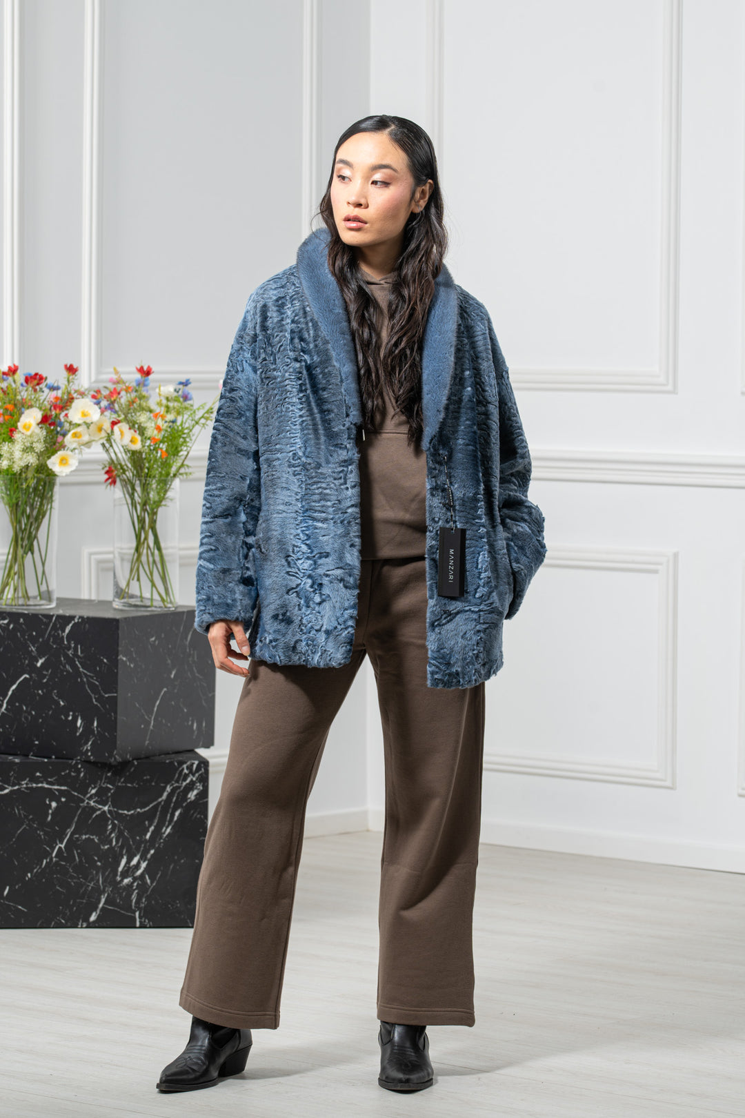 Swakara Skin Blue Metal Long Hair Short Jacket S/S 25M6921