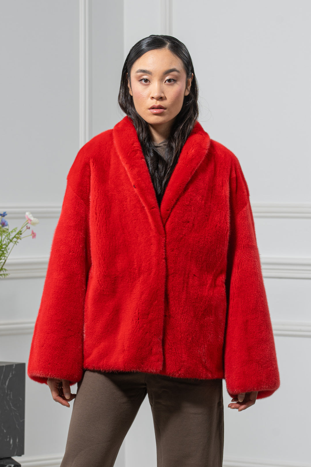 Red Velvet Mink Fur Short Jacket - Women&