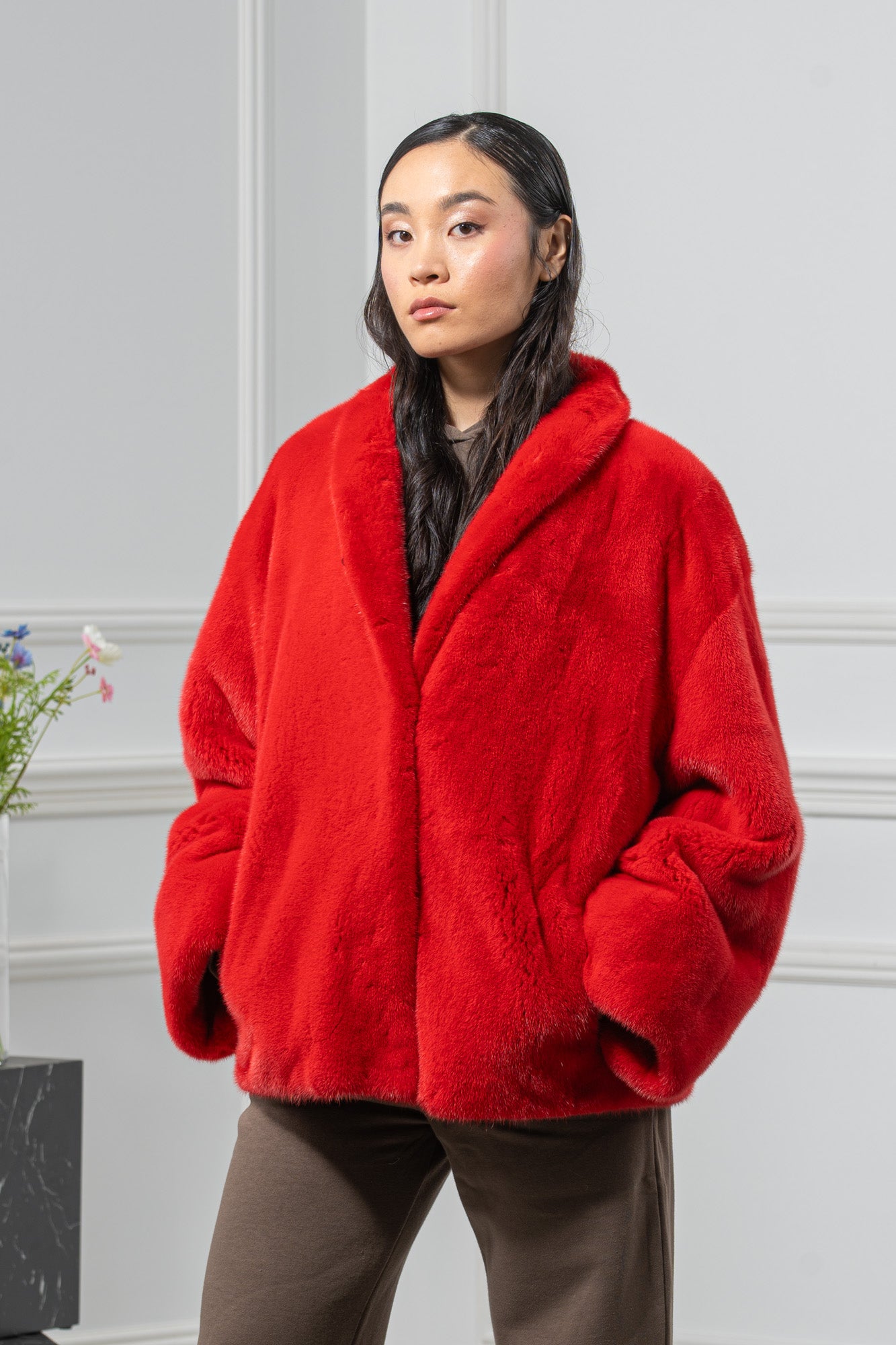 Red Velvet Mink Fur Short Jacket - Women's Velvet Short Jacket L/O