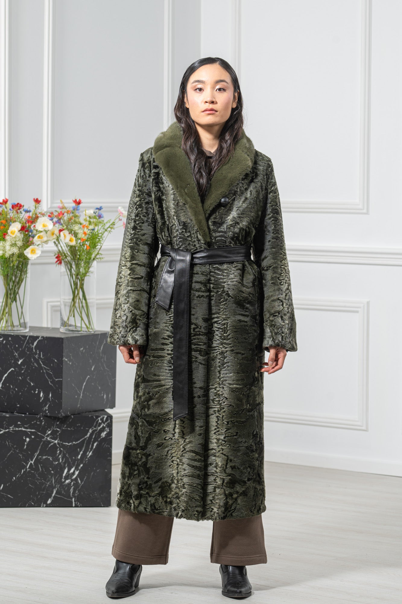 Swakara Skin Dark Olive Brisa Long Hair Coat S/S 17M230