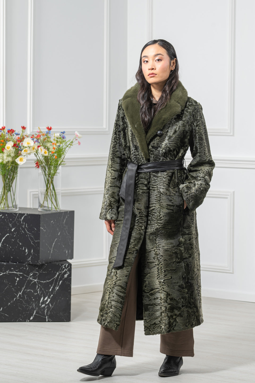 Swakara Skin Dark Olive Brisa Long Hair Coat S/S 17M230