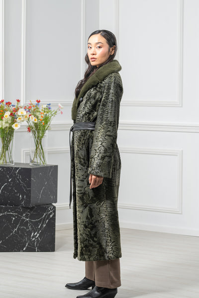 Swakara Skin Dark Olive Brisa Long Hair Coat S/S 17M230