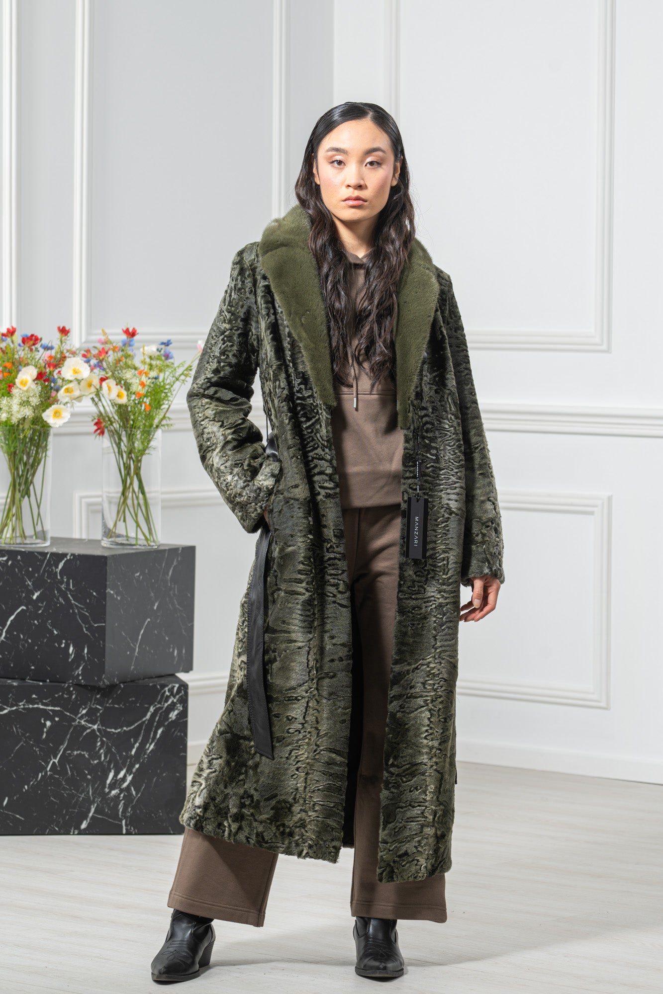 Swakara Skin Dark Olive Brisa Long Hair Coat S/S 17M230