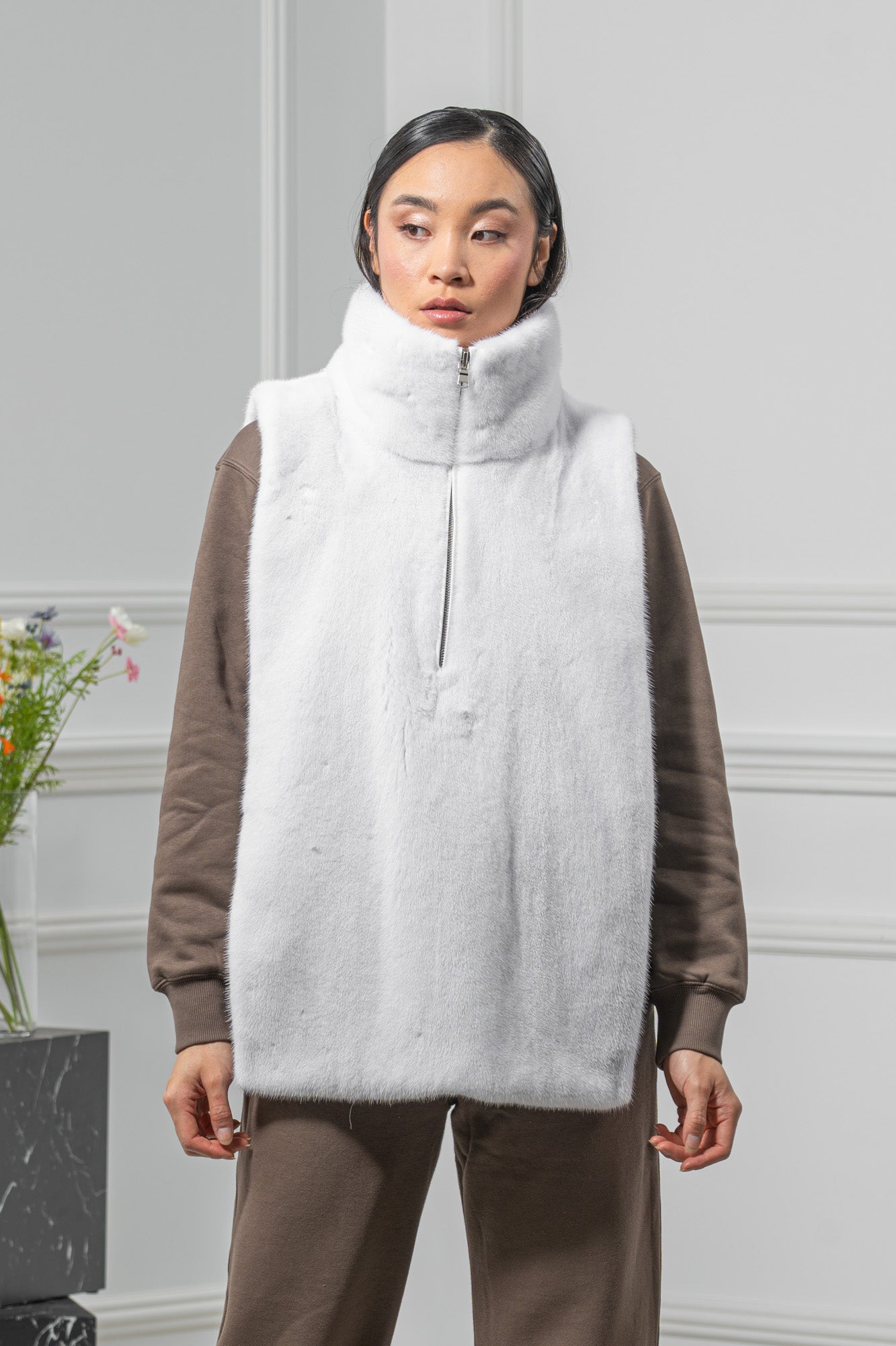 White Mink Fur Vest - Women's Velvet Vest L/O 24M4136