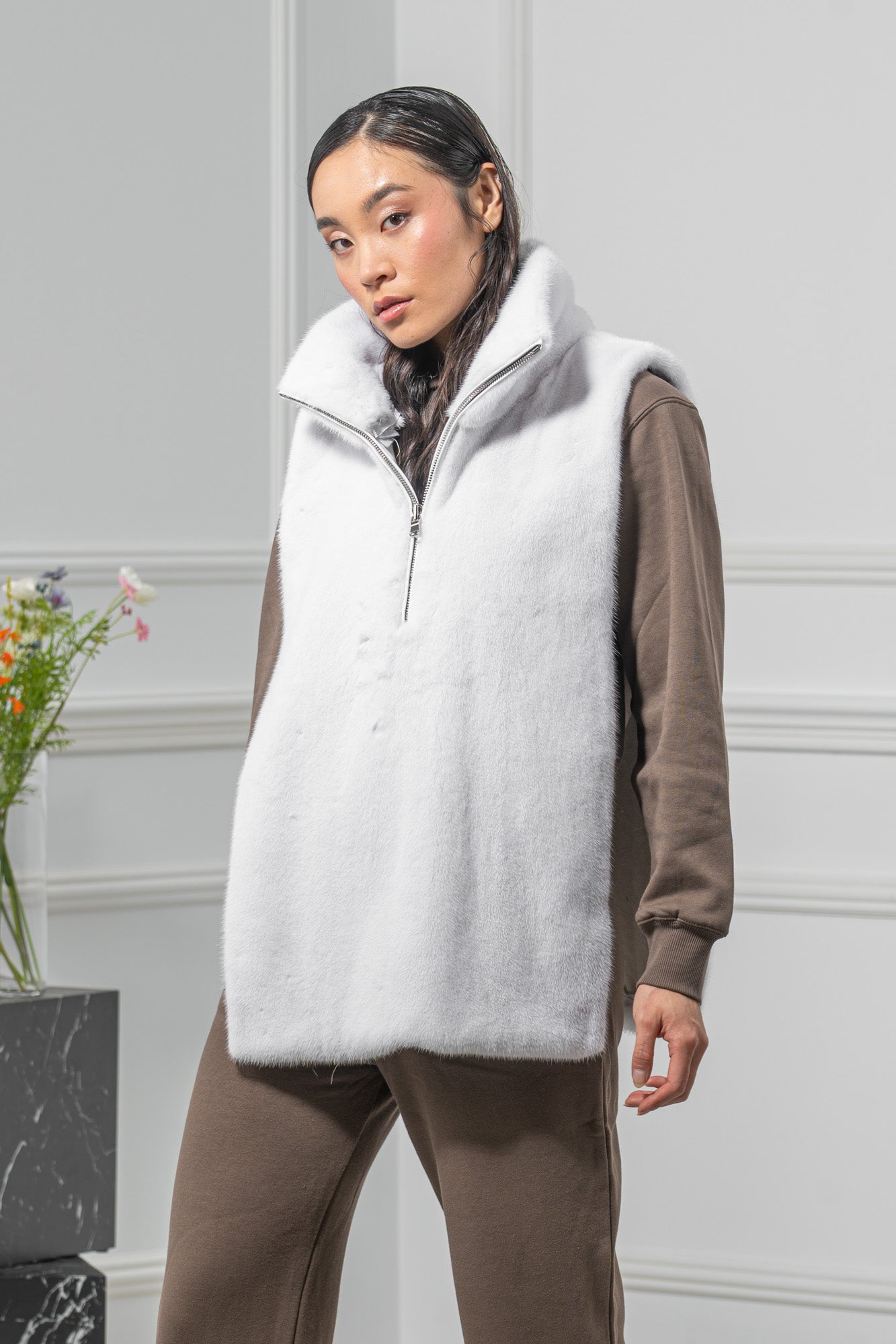 White Mink Fur Vest - Women's Velvet Vest L/O 24M4136