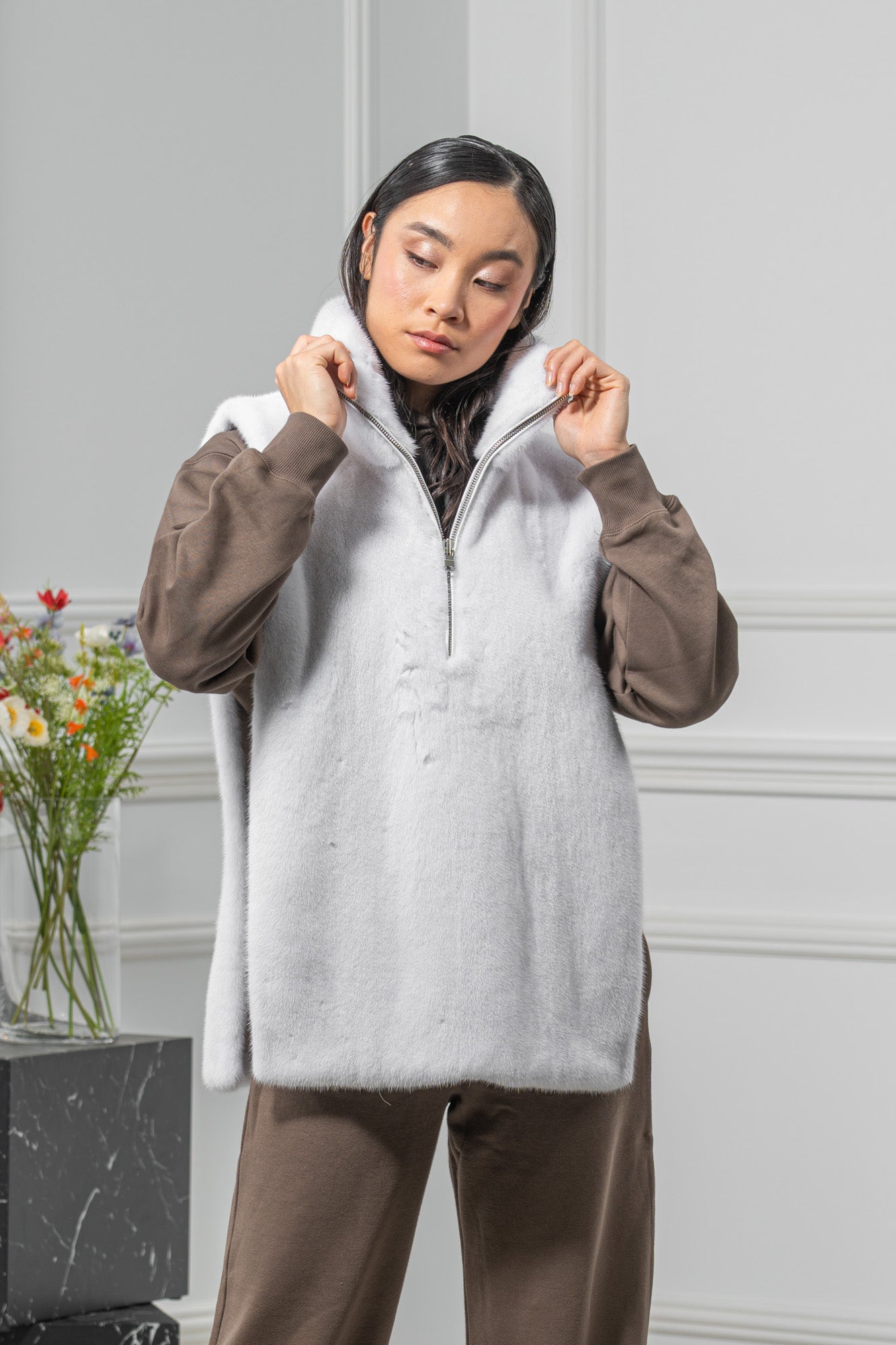 White Mink Fur Vest - Women's Velvet Vest L/O 24M4136