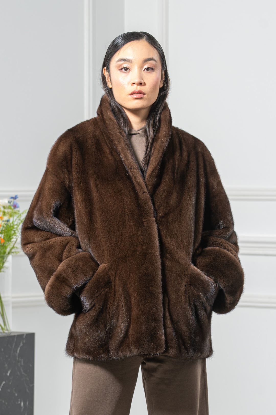 Brown Mink Fur Short Jacket - Women's Velvet Short Jacket L/O