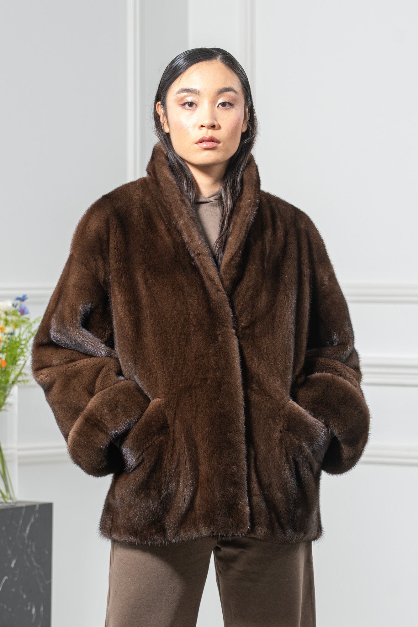 Brown Mink Fur Short Jacket - Women's Velvet Short Jacket L/O 26M5921