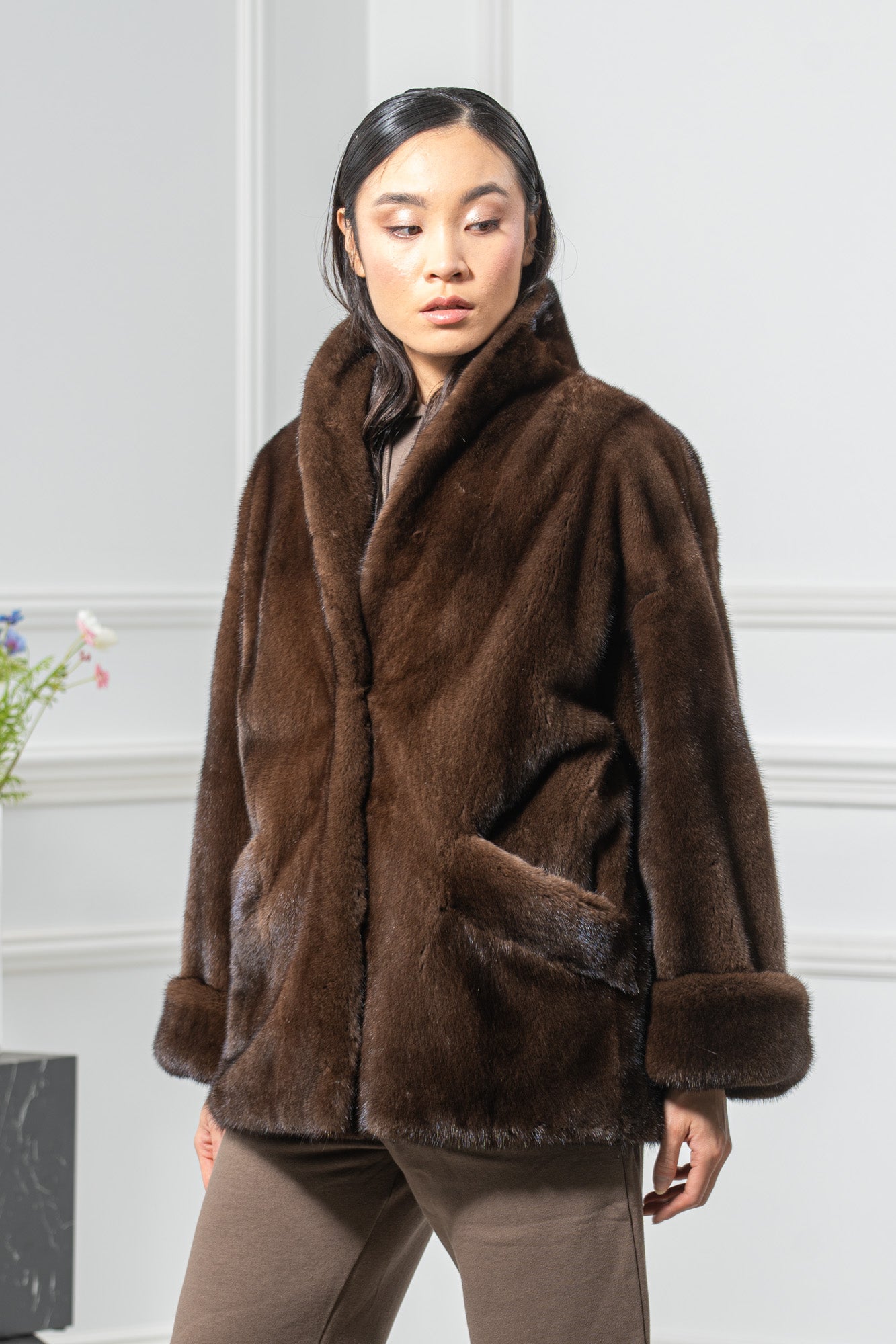 Brown Mink Fur Short Jacket - Women's Velvet Short Jacket L/O