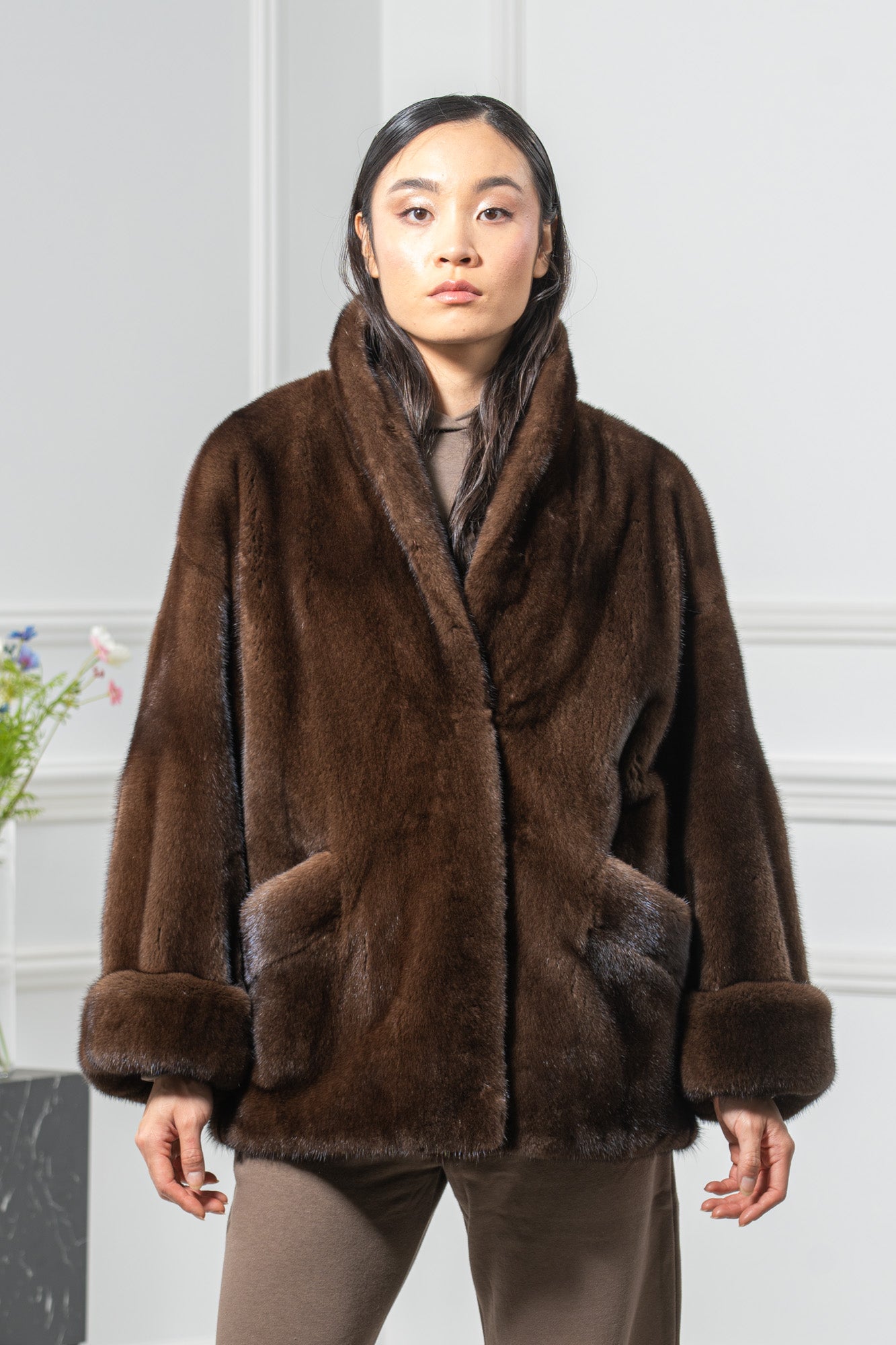 Brown Mink Fur Short Jacket - Women's Velvet Short Jacket L/O