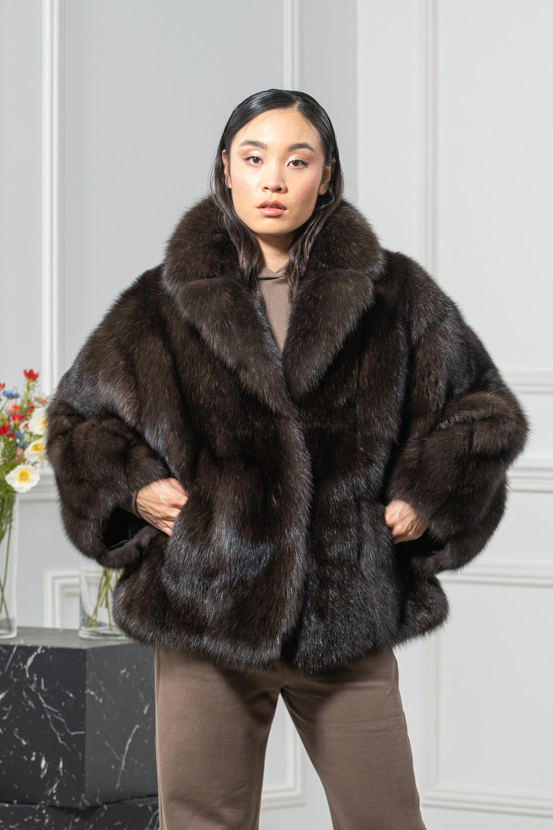 Carbonio Silvery Russian Sable Short Jacket - Women&