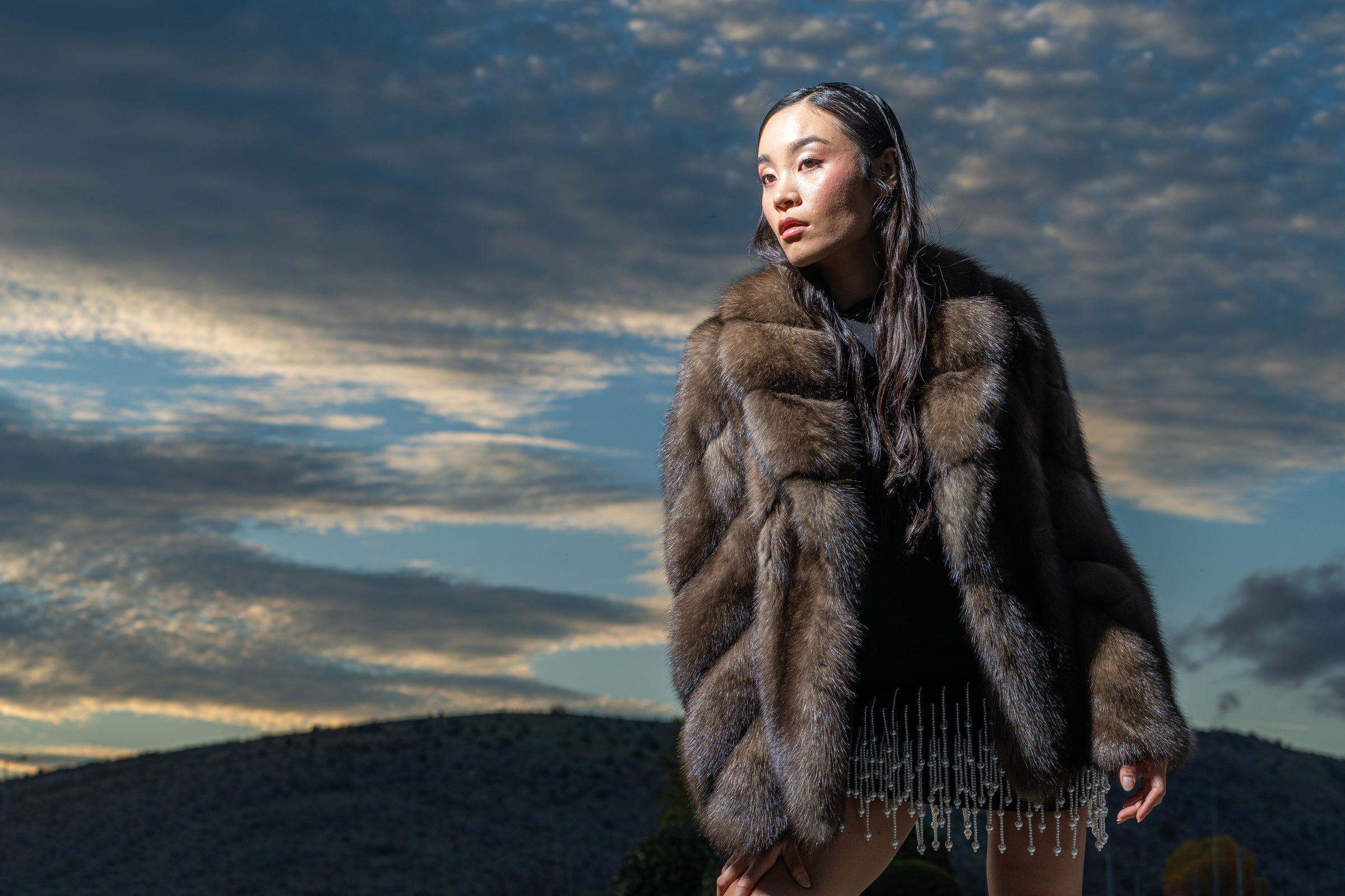 Russian Sable coat worn by model with background of the sky