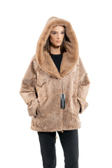 Caffe latte Swakara jacket with a deep hood. Features a structured, textured pattern, wide lapels, and side pockets with a drawstring hem.
