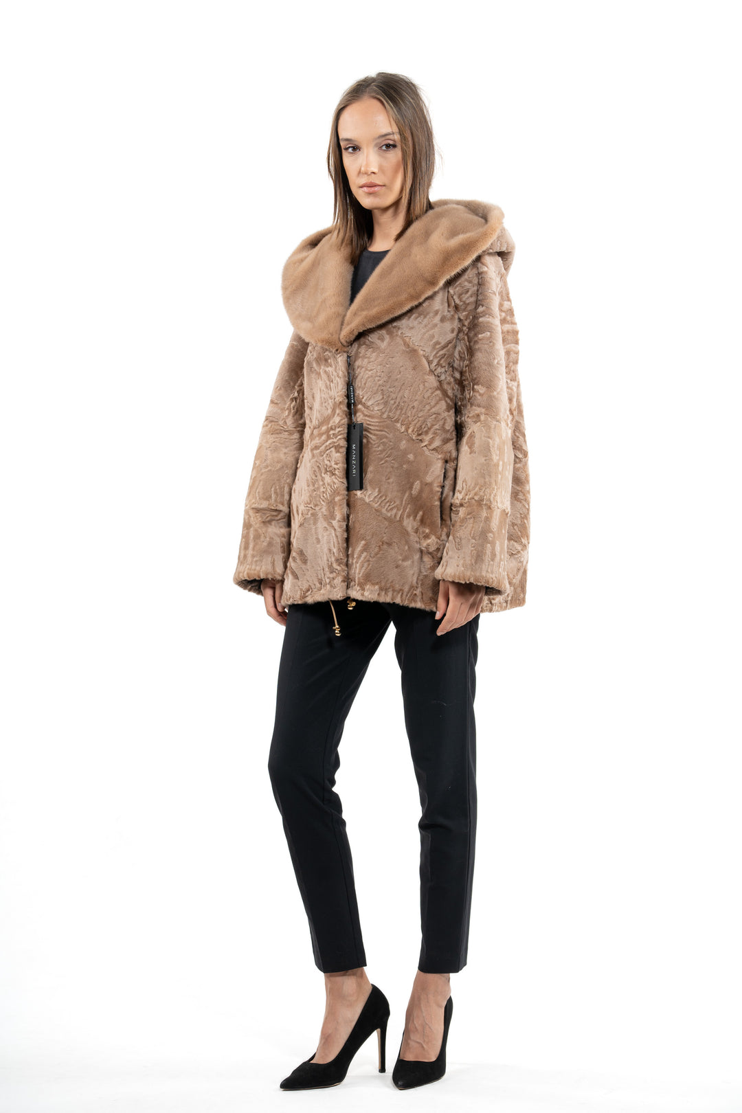 Model wearing a Caffe Swakara fur coat by manzari