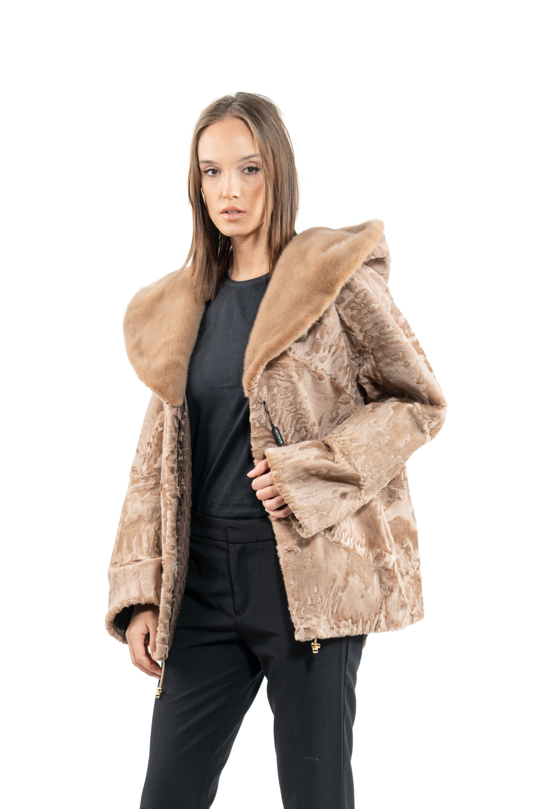 Model wearing a Caffe Swakara fur coat by manzari