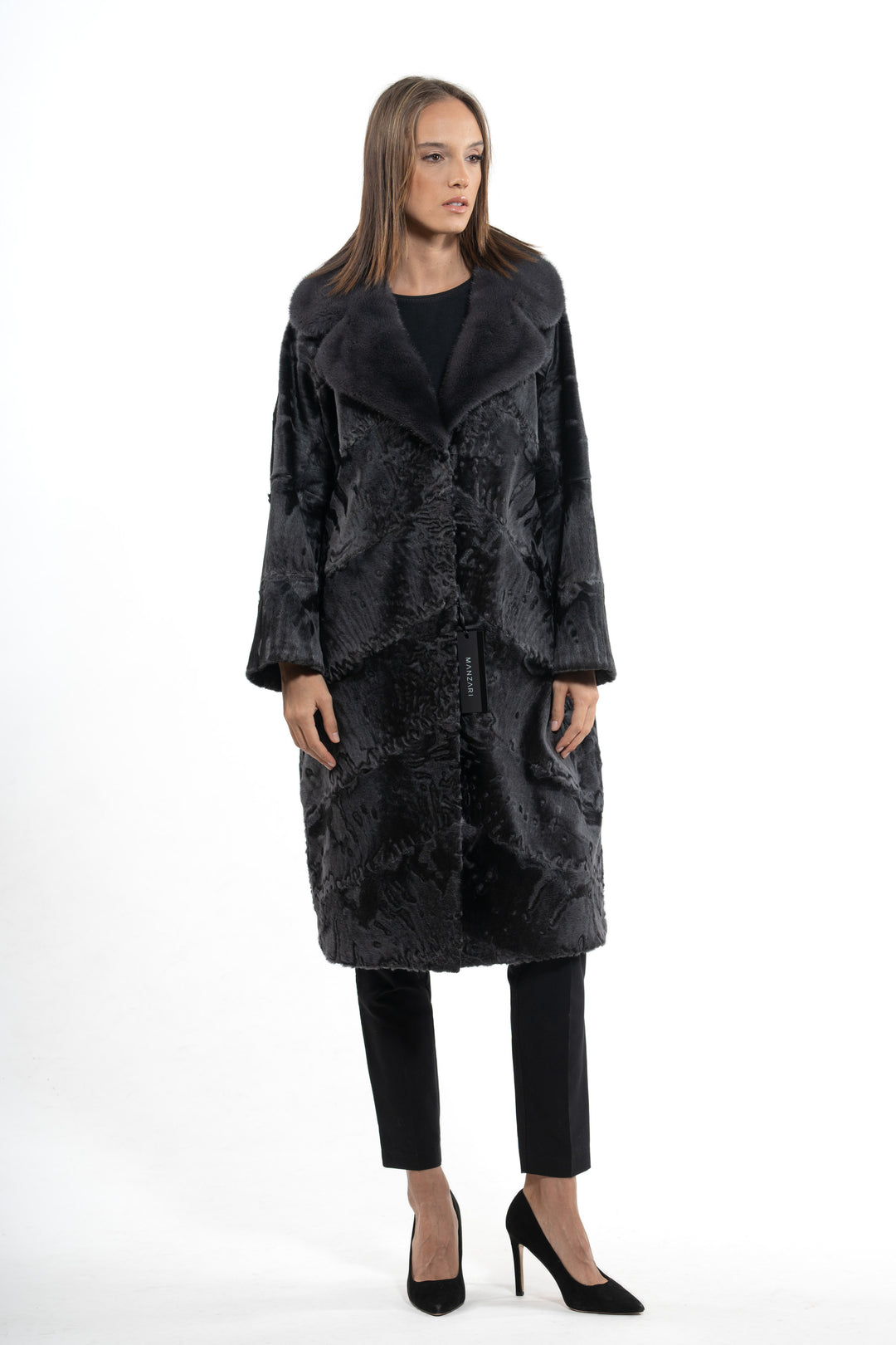 Manzari Grey Metal Swakara fur coat for a luxurious feel